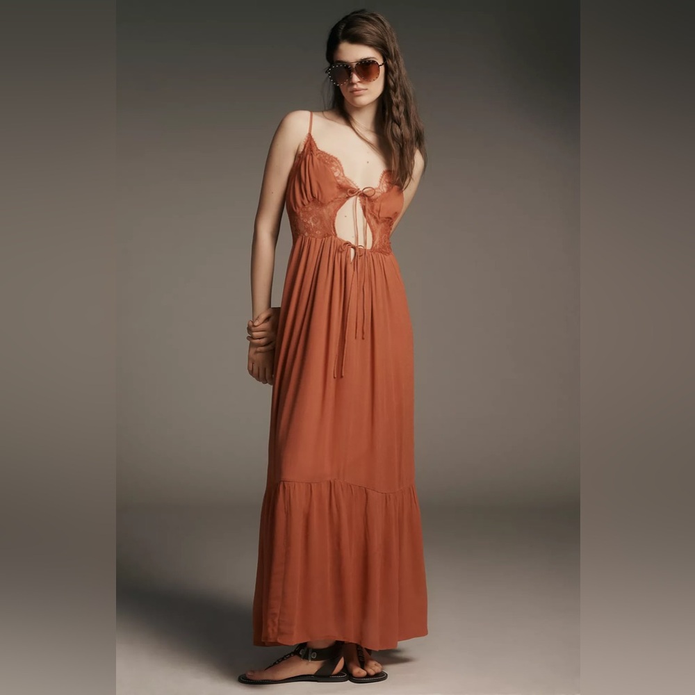 Let Me Be Anthropologie‎ EUC Sleeveless Lace Cutout Maxi Dress Slip Orange Small